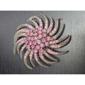 Vintage Glower Pink Rhinestone Brooch Silver Tone